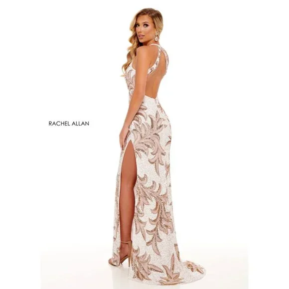 Rachel Allan White Sequin High Neck Gown - Picture 2 of 4